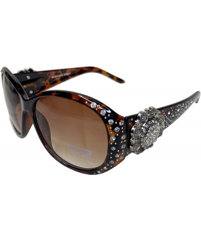 Rectangular Women Sunglasses UV 400 Western Floral Concho Bling Bling Collection Ladies Sunglasses - Leopard-badge Blingbling...