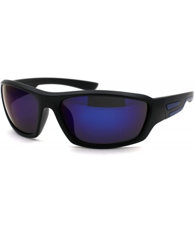 Sport Mens Matte Black Sport Warp Around Plastic Sunglasses - Matte Black Blue Mirror - CE18UZ3Q908 $9.25
