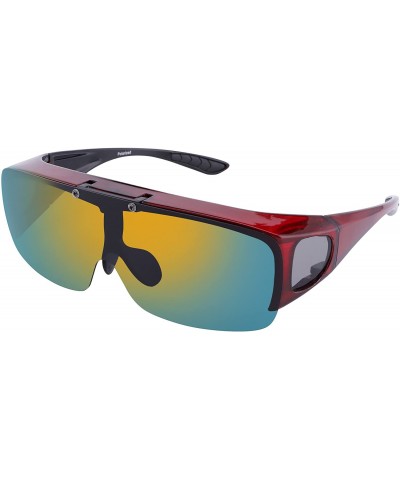 Oversized Mens Polarized Flip Up Fitover Sunglasses with Mirrored Lenses - Wine Red - CW188WT0M52 $36.29