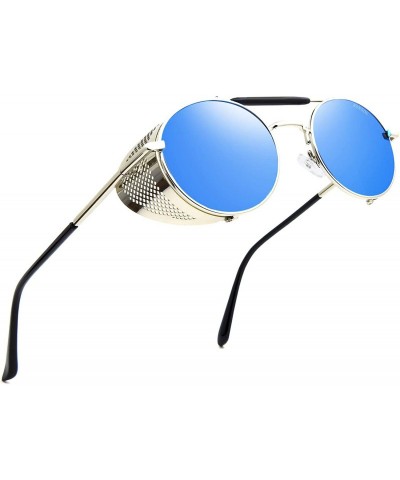 Round Steampunk Sunglasses for Men Women Vintage Retro Round Metal Frame Eyewear Shades - N5 Silver Frame Blue Lens - CV196WY...