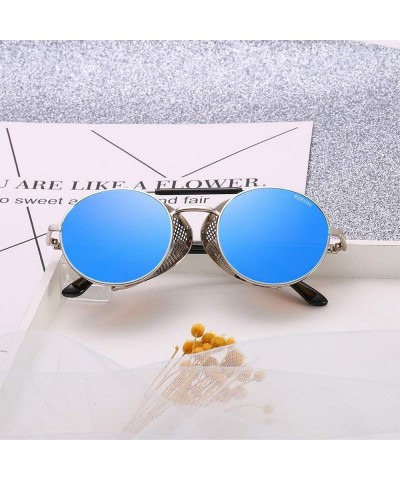 Round Steampunk Sunglasses for Men Women Vintage Retro Round Metal Frame Eyewear Shades - N5 Silver Frame Blue Lens - CV196WY...