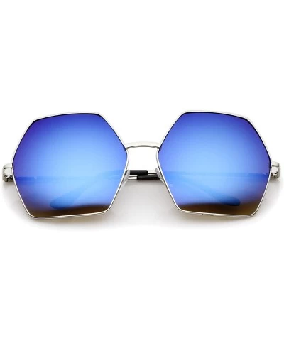 Oversized Geometric Metal Frame Colored Mirror Lens Hexagonal Oversize Sunglasses 66mm - Silver / Blue Mirror - C412LZRTOTB $...