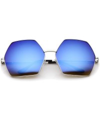 Oversized Geometric Metal Frame Colored Mirror Lens Hexagonal Oversize Sunglasses 66mm - Silver / Blue Mirror - C412LZRTOTB $...