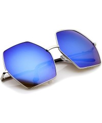 Oversized Geometric Metal Frame Colored Mirror Lens Hexagonal Oversize Sunglasses 66mm - Silver / Blue Mirror - C412LZRTOTB $...