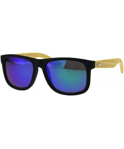 Rectangular Mens Wood Bamboo Arm Rectangular Horn Rim Hipster Sunglasses - Black Teal Mirror - CS18GYNUUM9 $24.30