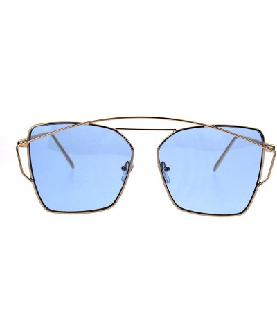 Rectangular Womens Futuristic Flat Retro Rectangular Pilots Metal Rim Sunglasses - Gold Blue - CP1869XD658 $22.67