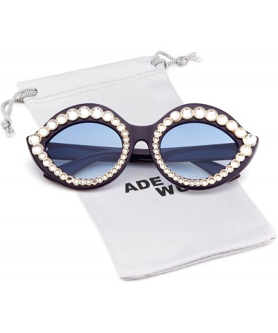 Goggle Cat Eye Sunglasses for Women Oversized Sunglasses With Rhinstone - Pearl Frame Blue Lens - C5188YGI2WO $9.95
