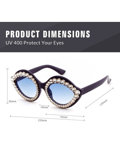 Goggle Cat Eye Sunglasses for Women Oversized Sunglasses With Rhinstone - Pearl Frame Blue Lens - C5188YGI2WO $9.95