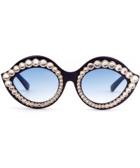 Goggle Cat Eye Sunglasses for Women Oversized Sunglasses With Rhinstone - Pearl Frame Blue Lens - C5188YGI2WO $9.95