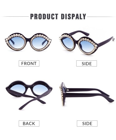 Goggle Cat Eye Sunglasses for Women Oversized Sunglasses With Rhinstone - Pearl Frame Blue Lens - C5188YGI2WO $9.95