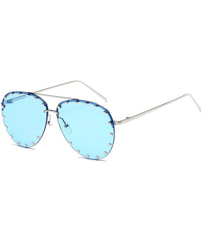 Oversized Women Rimless Oversized Studded Sunglasses Gradient Lens Rivet Fashion WS027 - Silver Frame Blue Lens - CM18CCGXQ2D...
