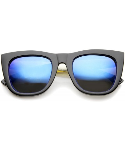 Wayfarer High Fashion Alligator Metal Temple Mirrored Lens Flat Top Sunglasses - Black-gold / Blue Mirror - C912G0JF9JX $18.21