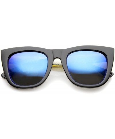 Wayfarer High Fashion Alligator Metal Temple Mirrored Lens Flat Top Sunglasses - Black-gold / Blue Mirror - C912G0JF9JX $7.73