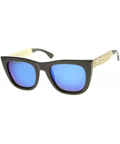 Wayfarer High Fashion Alligator Metal Temple Mirrored Lens Flat Top Sunglasses - Black-gold / Blue Mirror - C912G0JF9JX $19.21