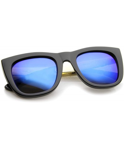 Wayfarer High Fashion Alligator Metal Temple Mirrored Lens Flat Top Sunglasses - Black-gold / Blue Mirror - C912G0JF9JX $19.21