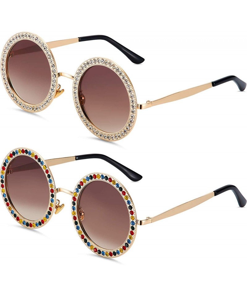 Oversized 2 Pieces Round Oversized Rhinestone Sunglasses Women Retro Crystal Diamond Sunglasses - CK198Q8D72K $33.93