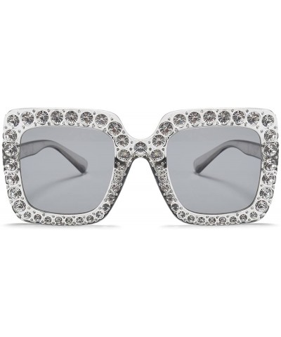 Oversized Women Rhinestone Sunglasses Oversized Square Gradient Lens - Silver - CJ199L5NQM3 $23.69