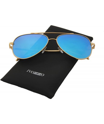 Oversized Unisex Sunglasses Metal Double Bridge Frame AVIATOR Polarized UV400 - Gold Metal Frame/ Mirrored Ice Blue Lens - CS...