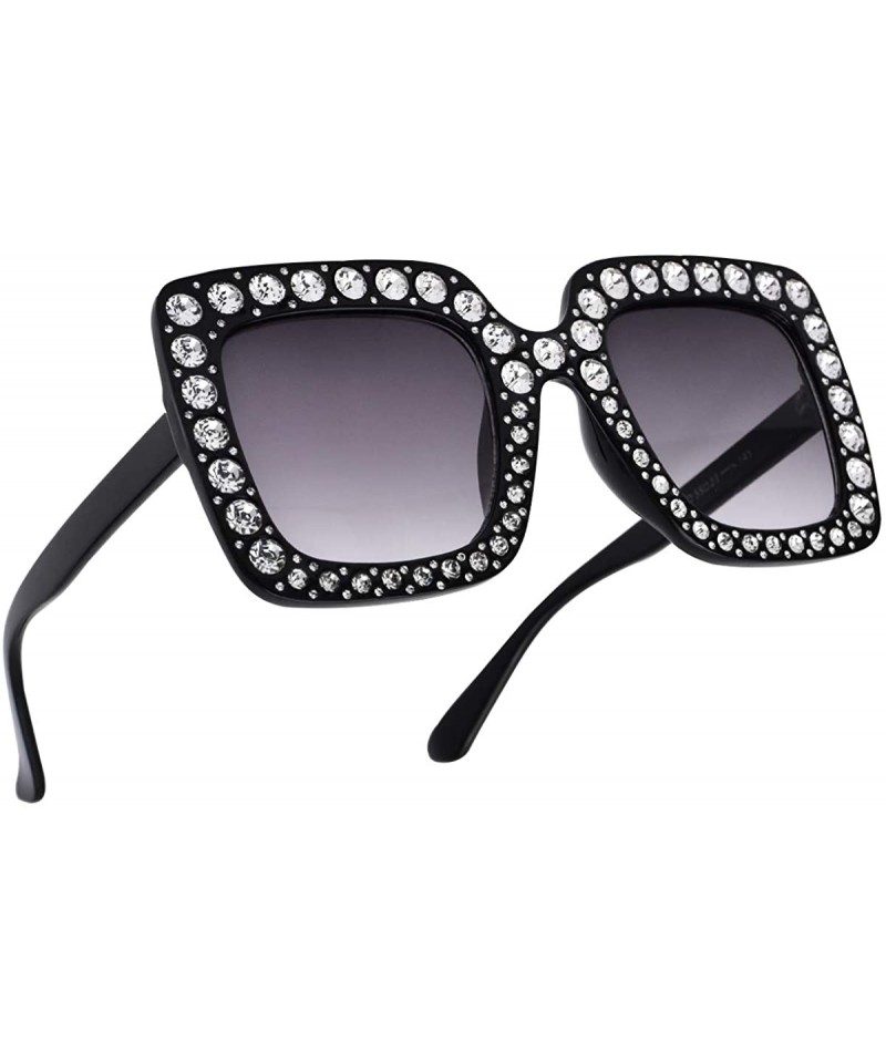 Cat Eye Elton Square Diamond Rhinestone Sunglasses Novelty Oversized Celebrity Shades - Black Frame/Black Gradient Lens - CS1...