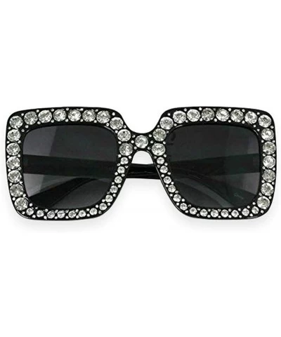 Oversized Oversized Square Frame Crystal Bling Rhinestone Brand Designer Sunglasses For Women 2018 - Black - CU18SU7ADQX $22.42