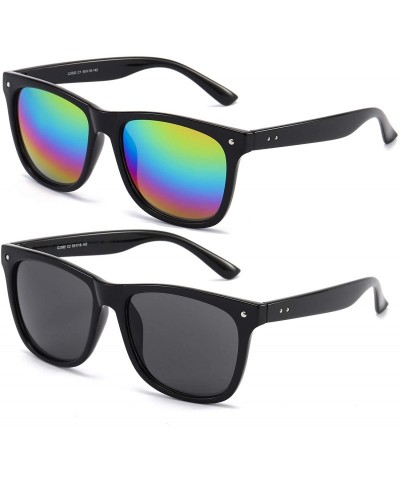 Aviator Best Value Retro Large Horn Rimmed Mirror Lens Polarized Sunglasses - 2 Pack - Rainbow Mirror and Gray Lens - C412FIU...