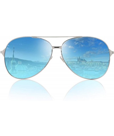 Aviator Classic Mirroed Sunglasses Protection - Silver Frame/ Blue Lens - CP18OX0U3OU $25.32