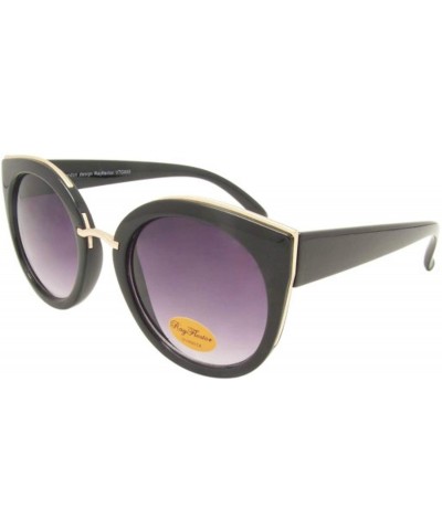 Round Round Metal Trim Cat Eye Sunglasses - Black - CR197XOOT0Z $13.19