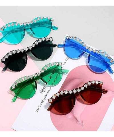 Oval Fashion Party Rhinestone Rimless One-Piece Candy Colored Lens Luxury Diamond Metal Hinge Cat Sunglasses - CK18Y5UXCZN $2...
