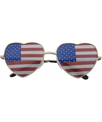 Aviator Women's Heart Shaped American Flag Cute Sunglasses US Shades - Silver - CN11X5KWAZL $19.73