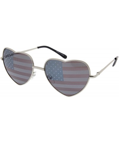 Aviator Women's Heart Shaped American Flag Cute Sunglasses US Shades - Silver - CN11X5KWAZL $10.90