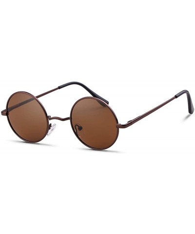 Round Retro Round Polarized Sunglasses for Men Women Small Lens Metal Frame - Brown - CN18Z2MI33D $15.99