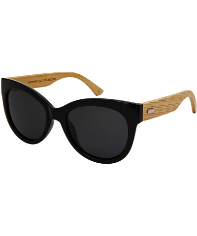 Round Cat Eye Wooden Bamboo Sunglasses by 34108BM/32047BM - Polarized Black Frame/Grey Lens - C918GUWHL3Y $14.63