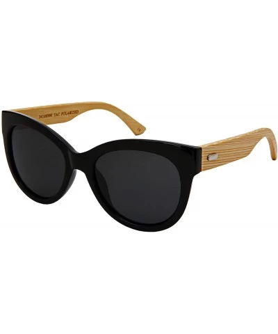 Round Cat Eye Wooden Bamboo Sunglasses by 34108BM/32047BM - Polarized Black Frame/Grey Lens - C918GUWHL3Y $28.49