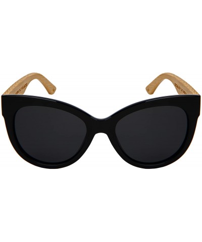 Round Cat Eye Wooden Bamboo Sunglasses by 34108BM/32047BM - Polarized Black Frame/Grey Lens - C918GUWHL3Y $14.63