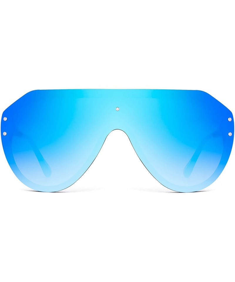 Oversized Oversized Shield Sunglasses Rimless Flat Top Mirror Glasses Women Men - Black Frame / Mirror Blue Lens - CZ18RHOZ2N...