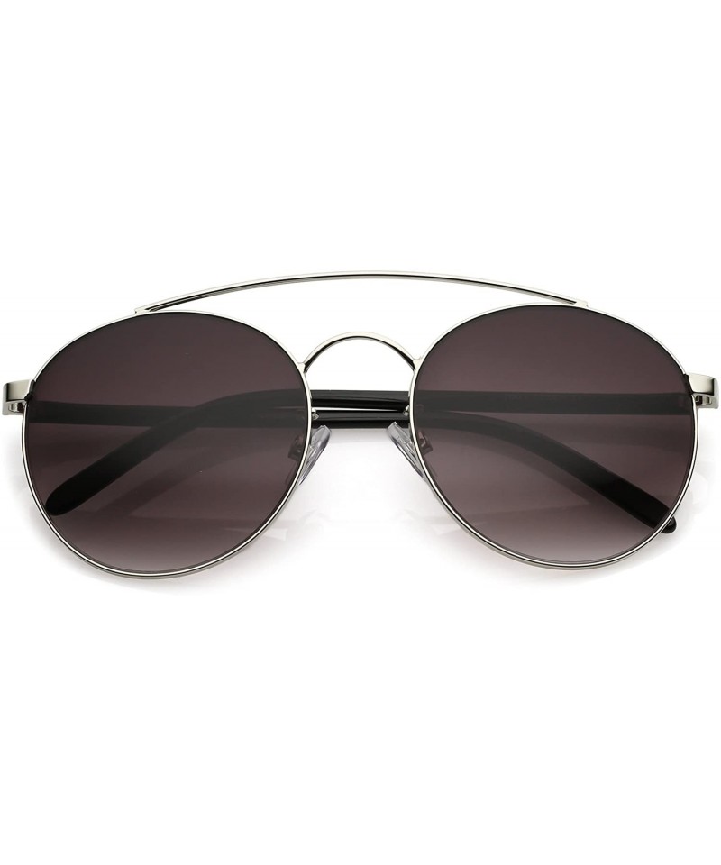 Round Modern Curved Double Crossbar Thick Arms Round Aviator Sunglasses 56mm - Silver / Lavender - CF184WZRYAM $14.13