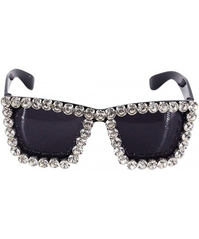 Square Sparkling Crystal Cat Eye Sunglasses UV Protection Rhinestone Sunglasses - Black Frame Silver - CY18WODEDM8 $15.28