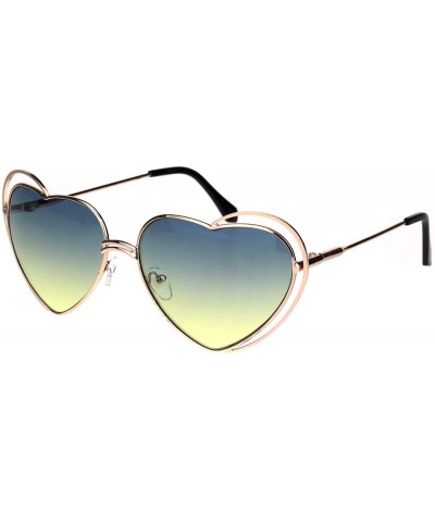 Oversized Heart Shape Sunglasses Oversized Double Metal Frame Gradient Color Lens - Gold (Blue Yellow) - C018SDMRGHY $11.69