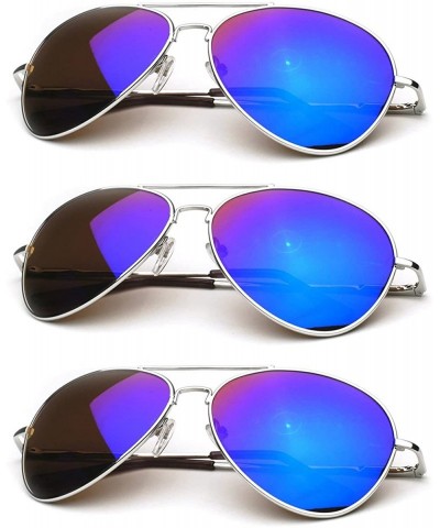 Aviator Premium Full Mirrored Aviator Sunglasses w/Flash Mirror Lens - 3 Pack Silver - Blue - C311FMU77SN $12.55