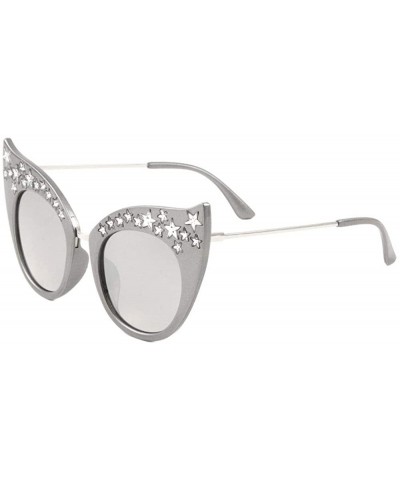 Round Rhinestone Stars Round Lens Wide Brow Cat Eye Sunglasses - Grey - CK1983HXZ20 $27.50