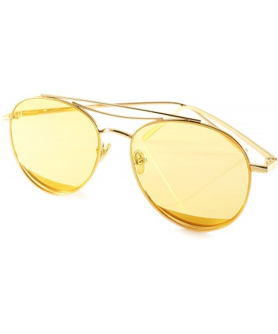 Aviator Slim Round Metal Frame Color Tinted Flat Lens Sunglasses A020 - Gold/ Yellow - CR18697QOXH $25.47