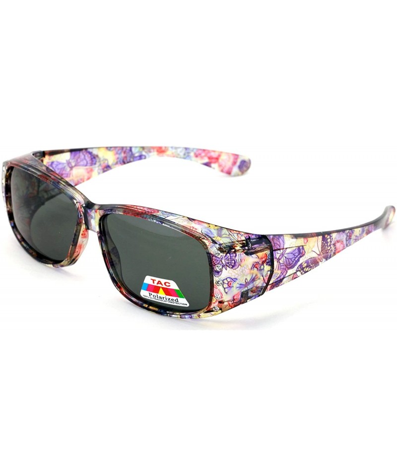 Butterfly Floral Womens Polarized Fit Over Glasses Sunglasses Rhinestone Rectangular Frame 60mm - Purple Butterfly - CT18HR2S...