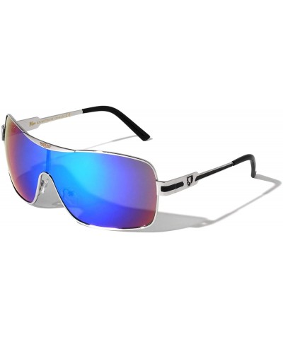 Shield Color Mirror Curved One Piece Shield Lens Sunglasses - Blue Silver - CQ199CGAI59 $15.82