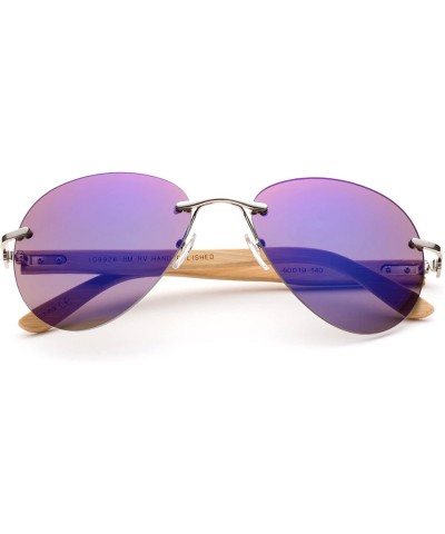 Rimless Bamboo Arm Oversized Rimless Aviator Sunglasses with Flash Lens Bamboo Sunglasses for Men & Women - Blue Flash - CK18...