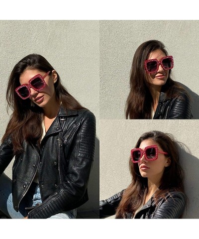 Oversized Large Jeweled Sunglasses for Women Crystal Bling Studded Oversized Square Frame - Pink - CP18D2MZ0TN $26.41
