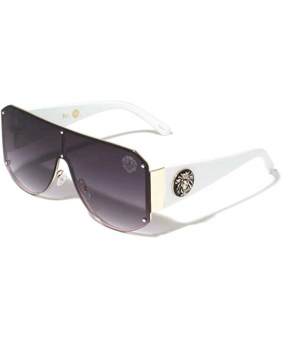 Oversized Oversized Shield One Piece Lens Lion Head Medallion Luxury Sunglasses - White & Gold Frame - CR192K5X3EY $23.11