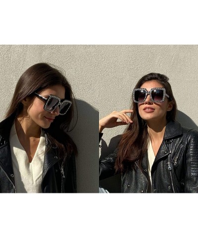 Oversized Large Jeweled Sunglasses for Women Crystal Bling Studded Oversized Square Frame - Pink - CP18D2MZ0TN $26.41
