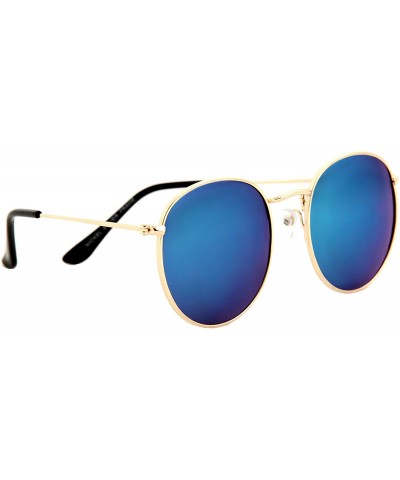 Oversized Unisex Sunglasses Modern Stylish Round Metal Frame Trendy Mirrored Lens - Gold Metal Frame / Mirrored Blue Lens - C...