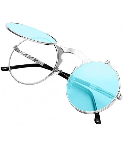 Round Round Sunglasses-Clip Sunglasses With Polarized Lennon Style Circle Sun Glasses - Silver+blue - CB18UR6MU7H $25.84