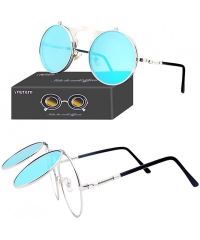 Round Round Sunglasses-Clip Sunglasses With Polarized Lennon Style Circle Sun Glasses - Silver+blue - CB18UR6MU7H $13.10